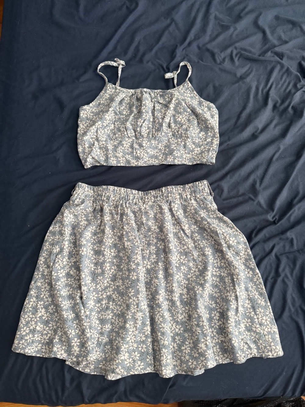 Floral A-Line Cotton Blend Skirt — Blue